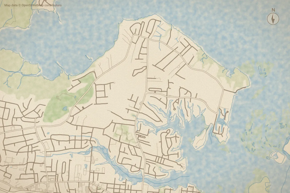 Watercolor map of Crab Point Bay in Morehead City, NC, showing its streets, water and surroundings