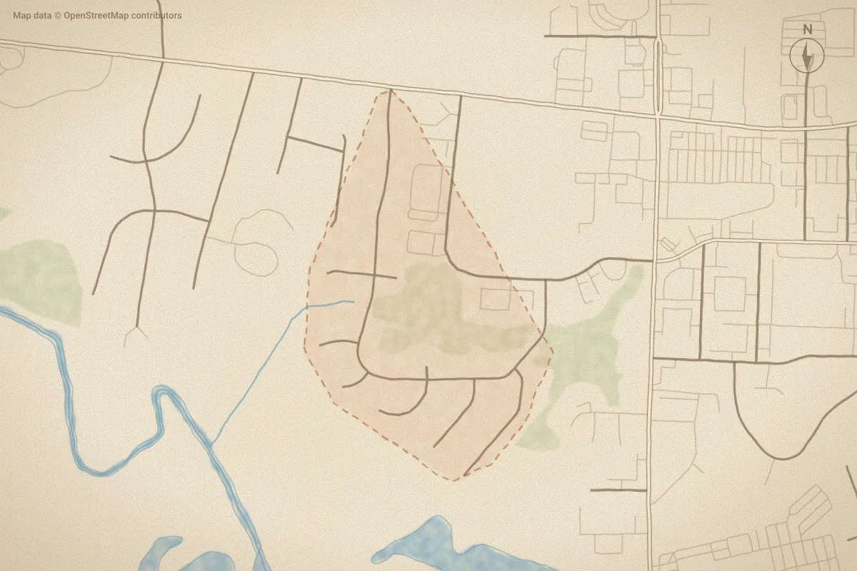 Watercolor map of Cranberry Ridge in Wilson, NC, showing its streets, water and surroundings