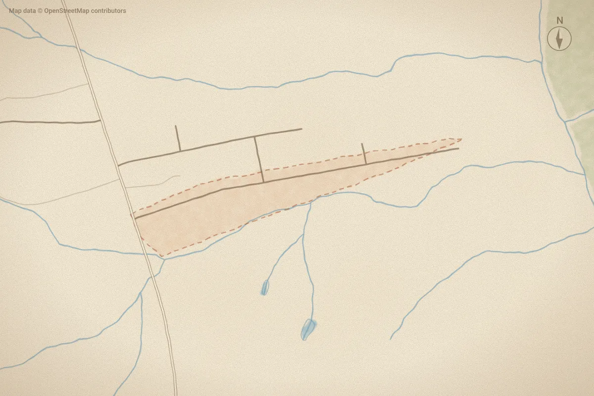 Watercolor map of Creeks Edge in Pikeville, NC, showing its streets, water and surroundings