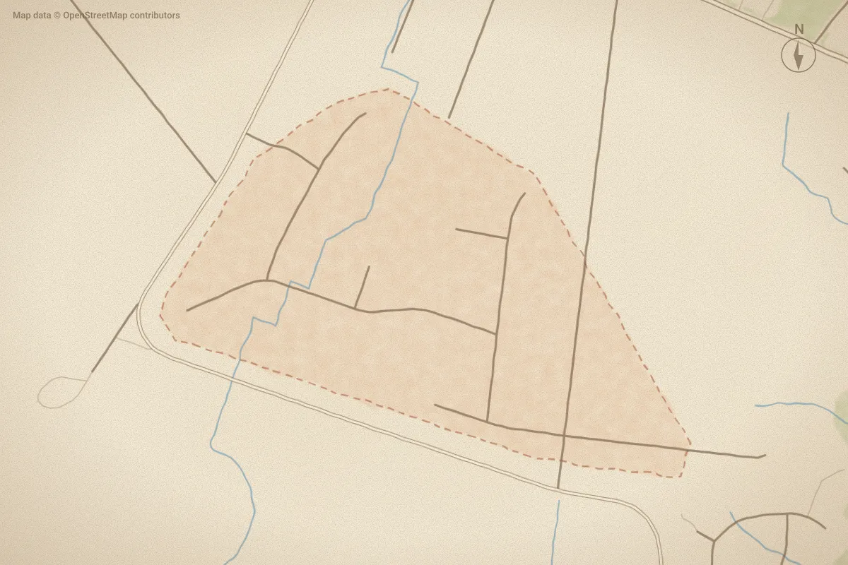 Watercolor map of Creekside Farms in Elizabeth City, NC, showing its streets, water and surroundings