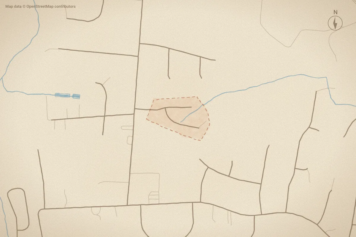 Watercolor map of Crestwood in Greenville, NC, showing its streets, water and surroundings