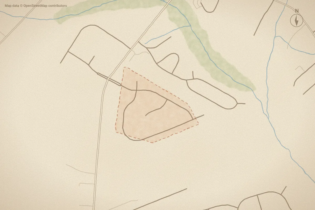 Watercolor map of Crosswinds in Goldsboro, NC, showing its streets, water and surroundings