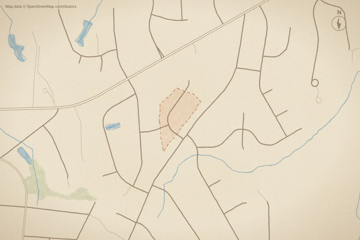 Watercolor map of Crosswinds in Grimesland, NC, showing its streets, water and surroundings