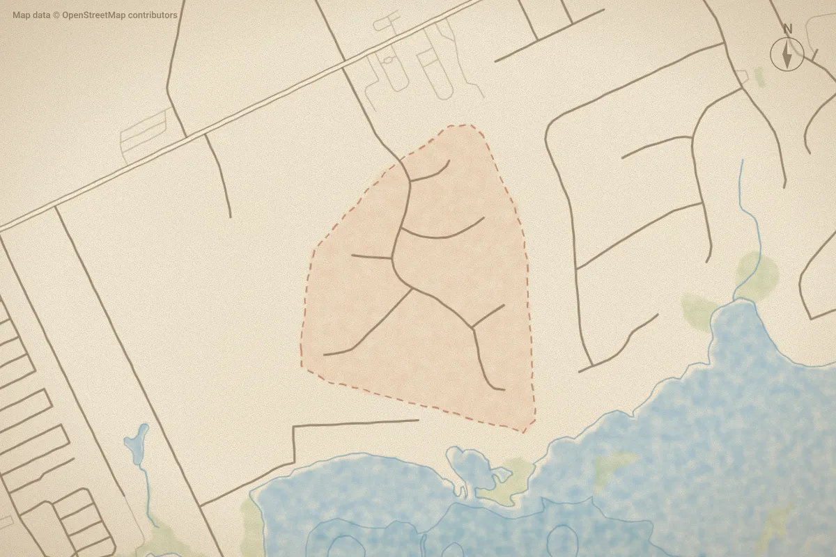 Watercolor map of Crystal Shores in Cedar Point, NC, showing its streets, water and surroundings