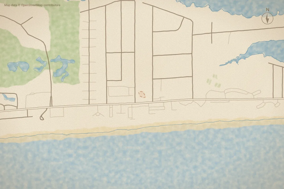 Watercolor map of Crystal View Condos in Atlantic Beach, NC, showing its streets, water and surroundings