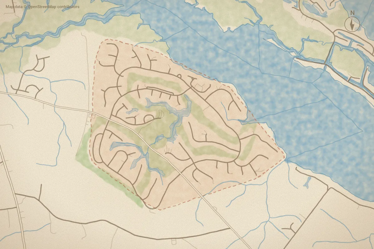 Watercolor map of Cypress Landing in Chocowinity, NC, showing its streets, water and surroundings