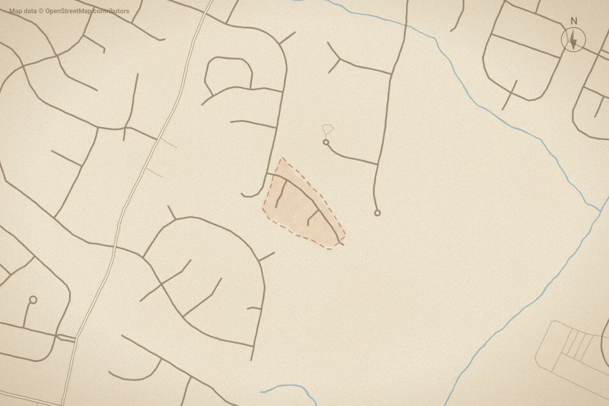Watercolor map of Davencroft Village in Winterville, NC, showing its streets, water and surroundings
