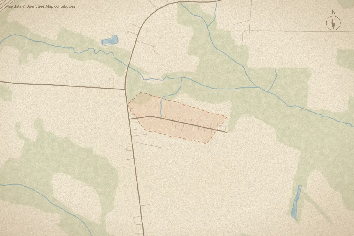 Watercolor map of Deans Ridge in Wilson, NC, showing its streets, water and surroundings