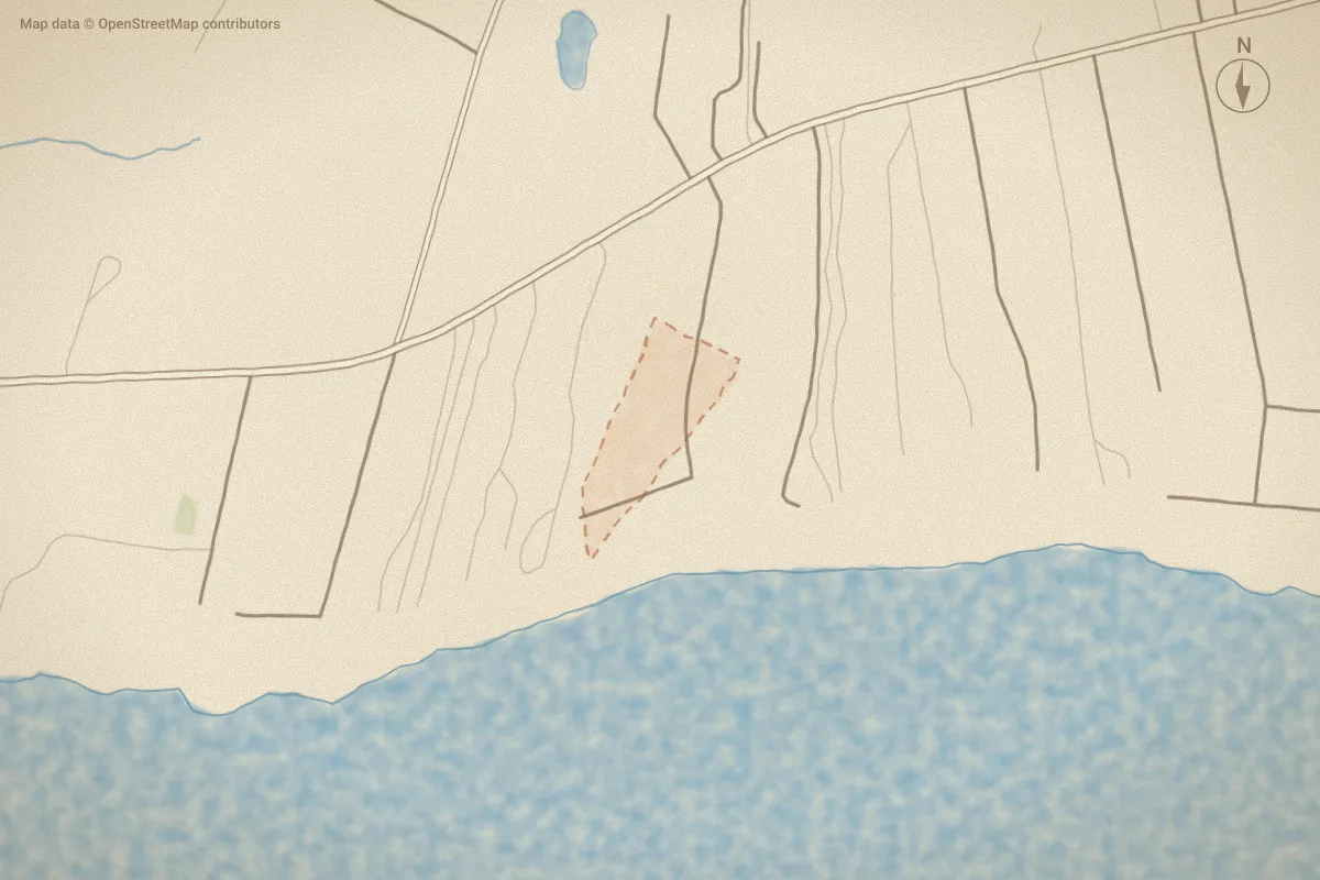 Watercolor map of Deep Bay in Newport, NC, showing its streets, water and surroundings
