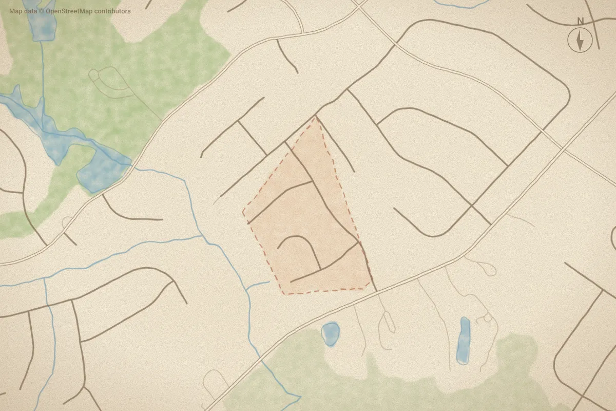 Watercolor map of Deercreek in Wilson, NC, showing its streets, water and surroundings