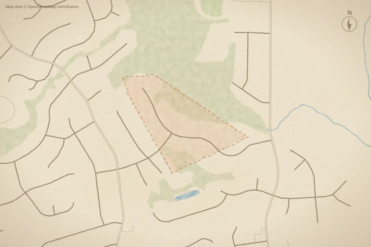 Watercolor map of Deerfield in Wilson, NC, showing its streets, water and surroundings