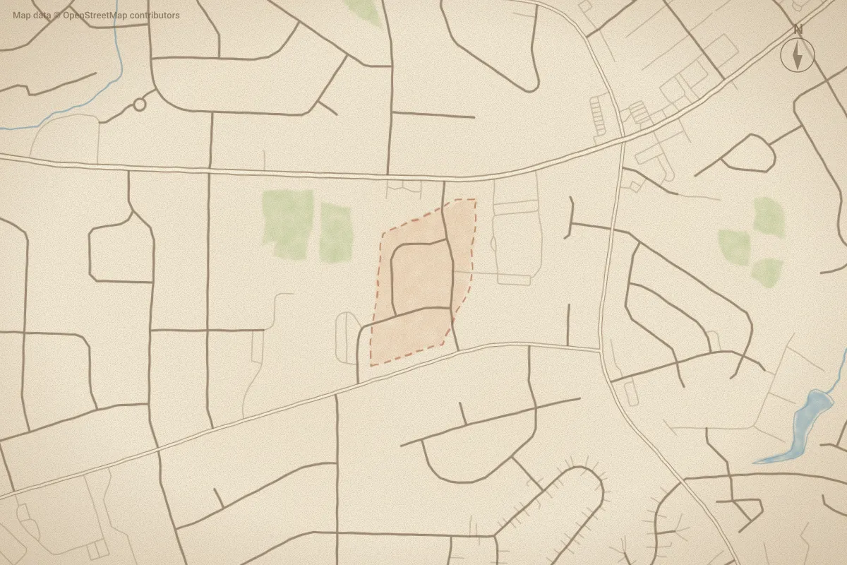 Watercolor map of Dellwood in Greenville, NC, showing its streets, water and surroundings