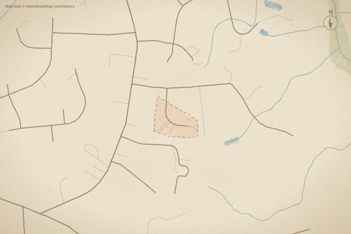 Watercolor map of Devon in Grimesland, NC, showing its streets, water and surroundings