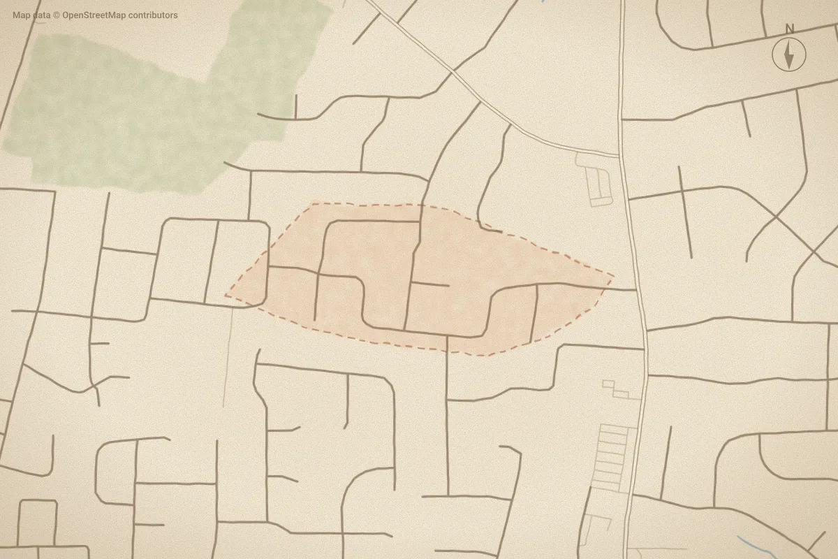 Watercolor map of Devonshire in Winterville, NC, showing its streets, water and surroundings