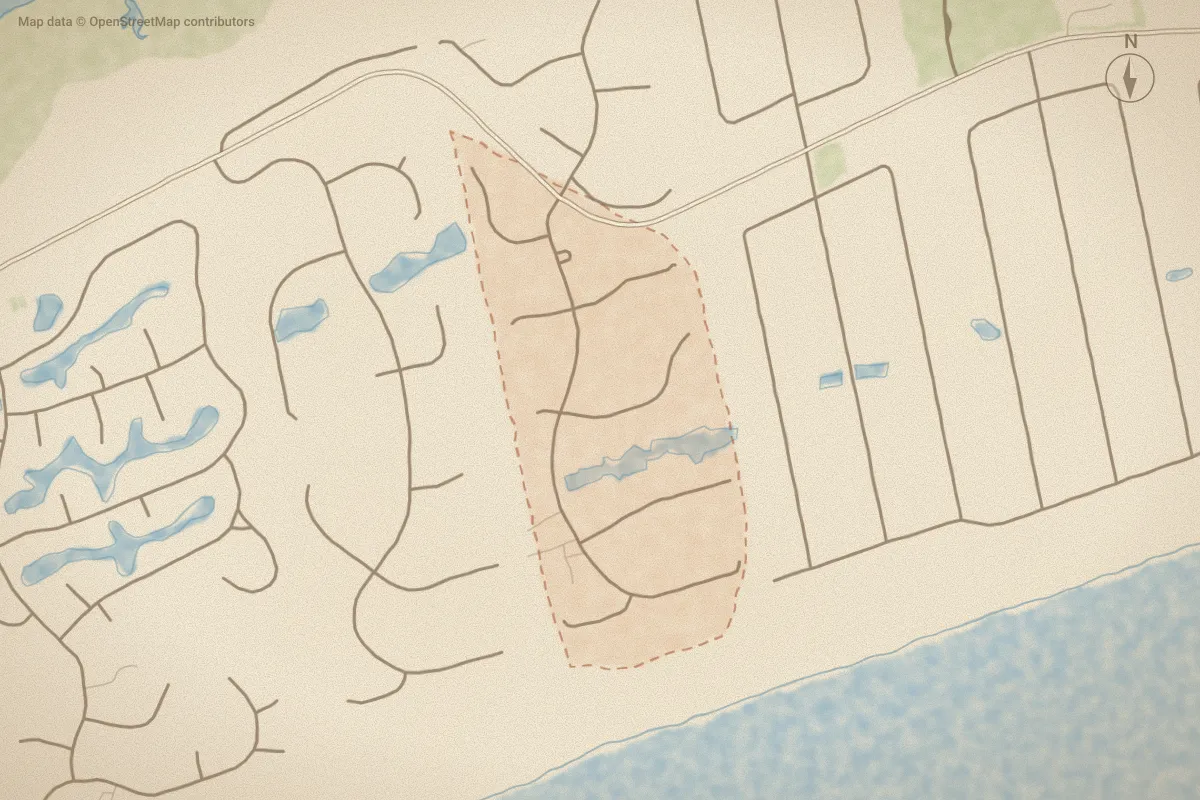 Watercolor map of Dolphin Ridge in Emerald Isle, NC, showing its streets, water and surroundings