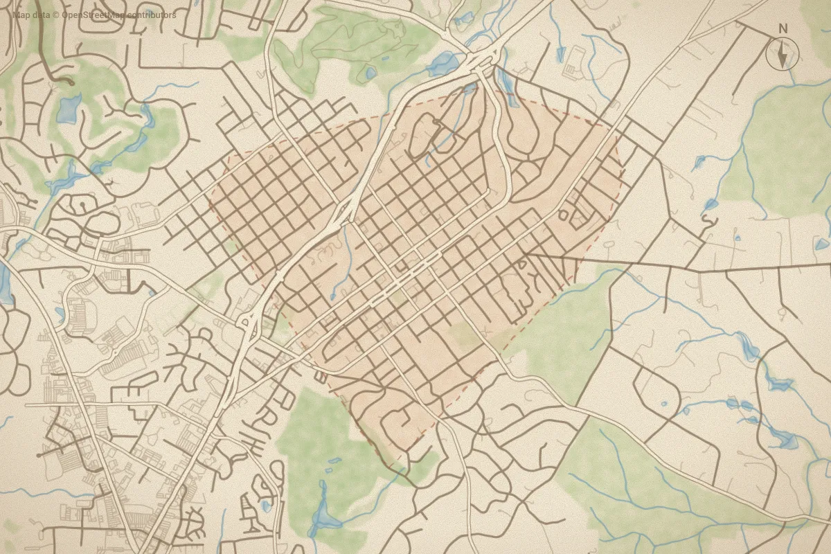 Watercolor map of Downtown in Southern Pines, NC, showing its streets, water and surroundings