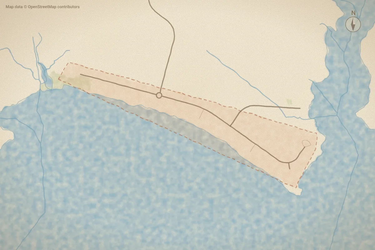 Watercolor map of Dowry Creek in Belhaven, NC, showing its streets, water and surroundings