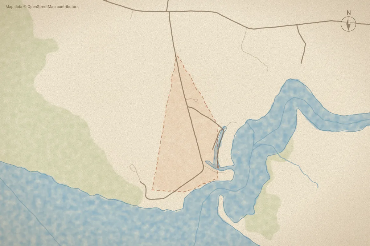 Watercolor map of Duck Creek in Washington, NC, showing its streets, water and surroundings