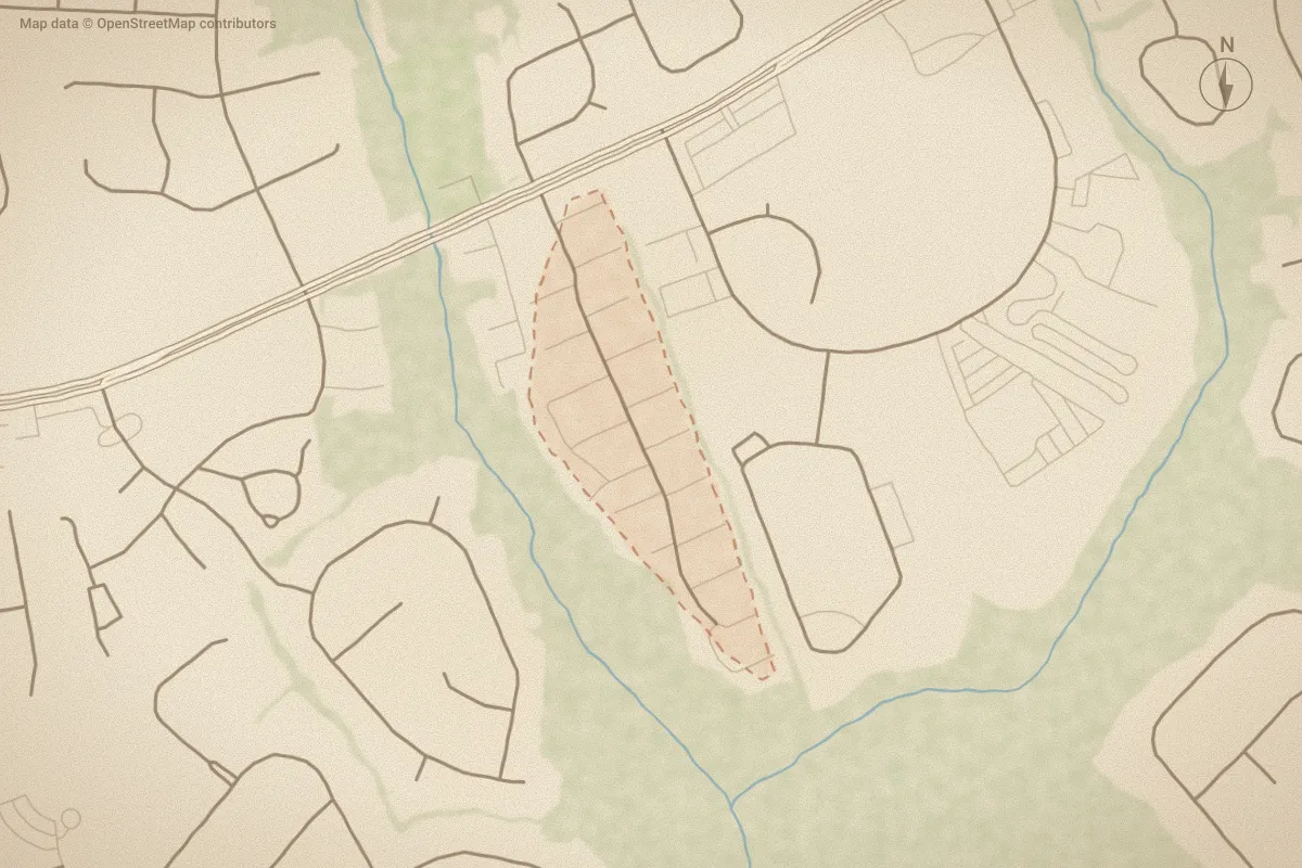 Watercolor map of Dudleys Grant in Winterville, NC, showing its streets, water and surroundings
