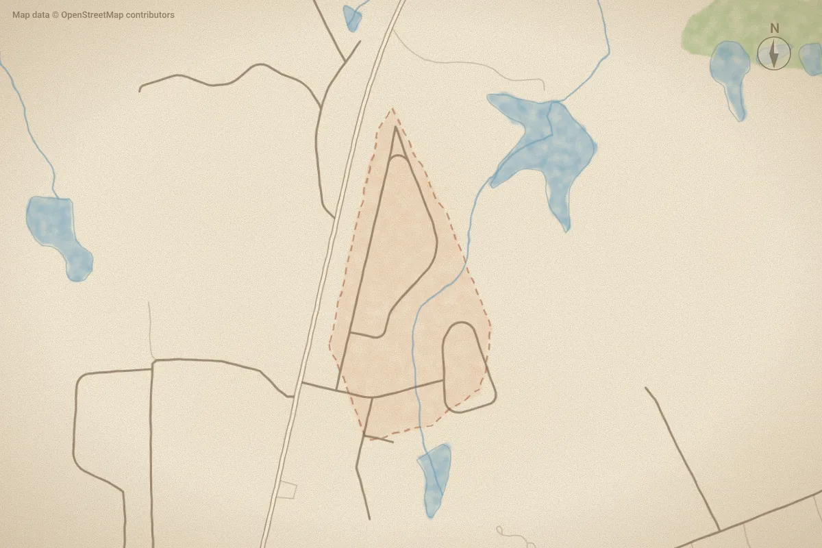 Watercolor map of Dundee Estates in Carthage, NC, showing its streets, water and surroundings