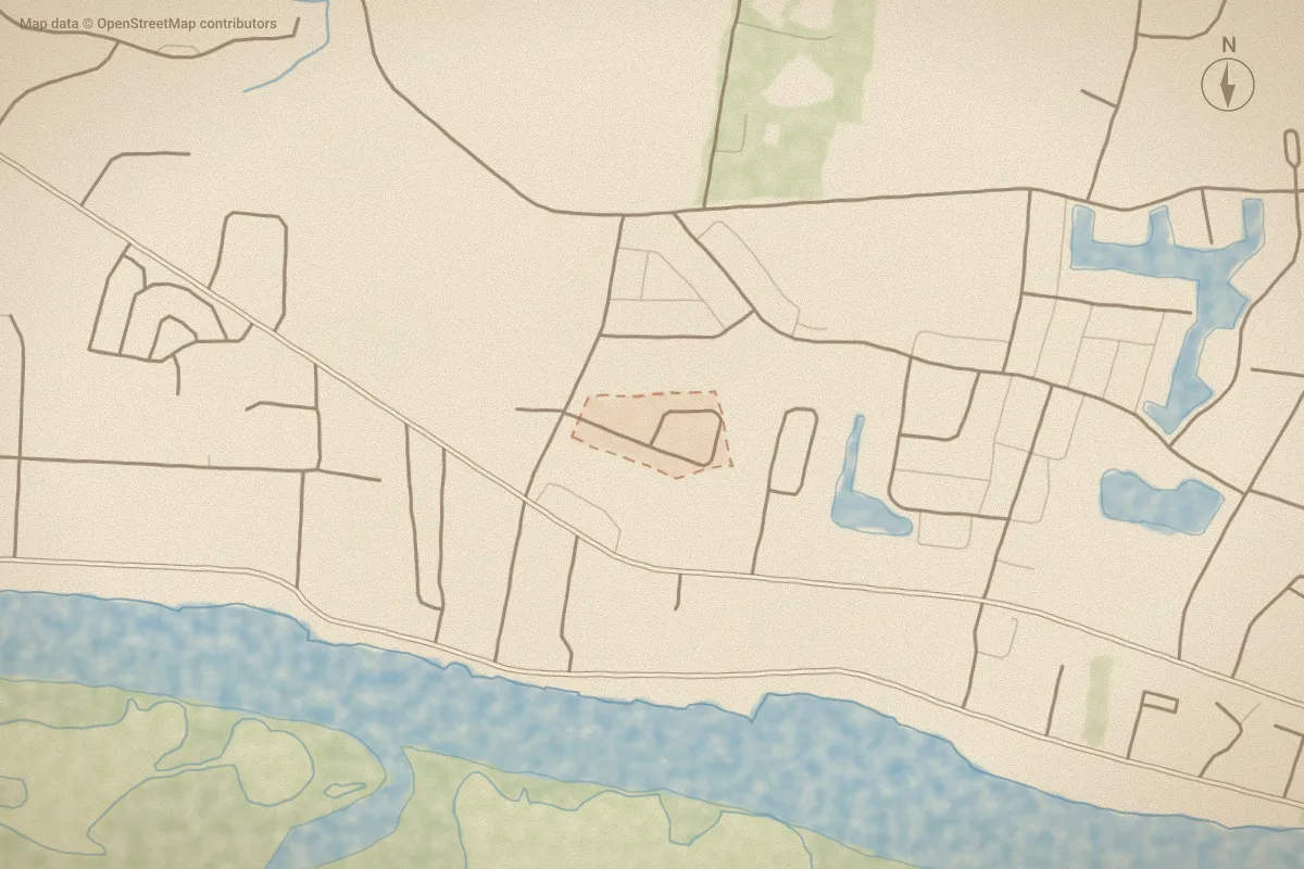 Watercolor map of East Car Meadows in Beaufort, NC, showing its streets, water and surroundings