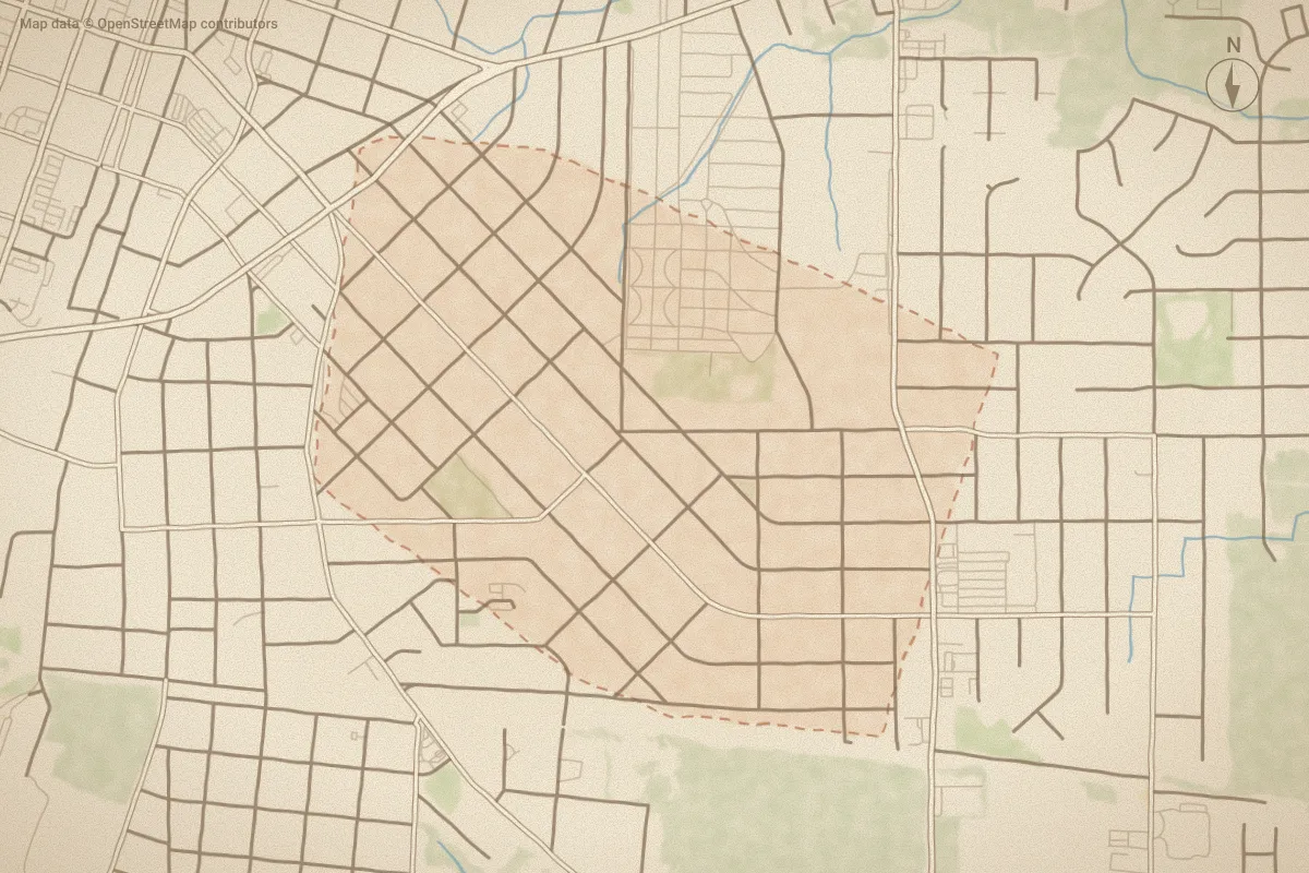 Watercolor map of Edgemont Park in Rocky Mount, NC, showing its streets, water and surroundings