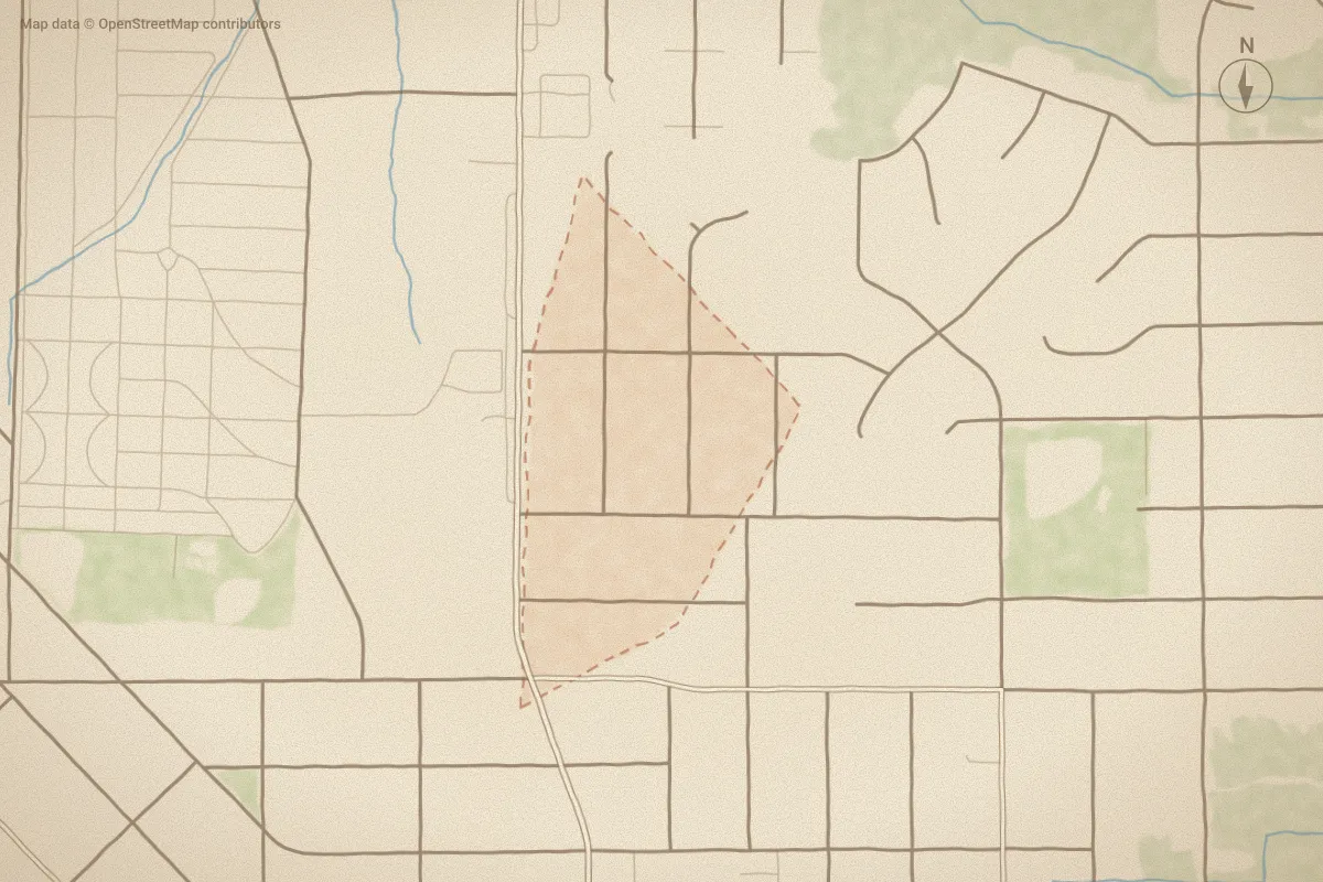 Watercolor map of Edgewood Park in Rocky Mount, NC, showing its streets, water and surroundings