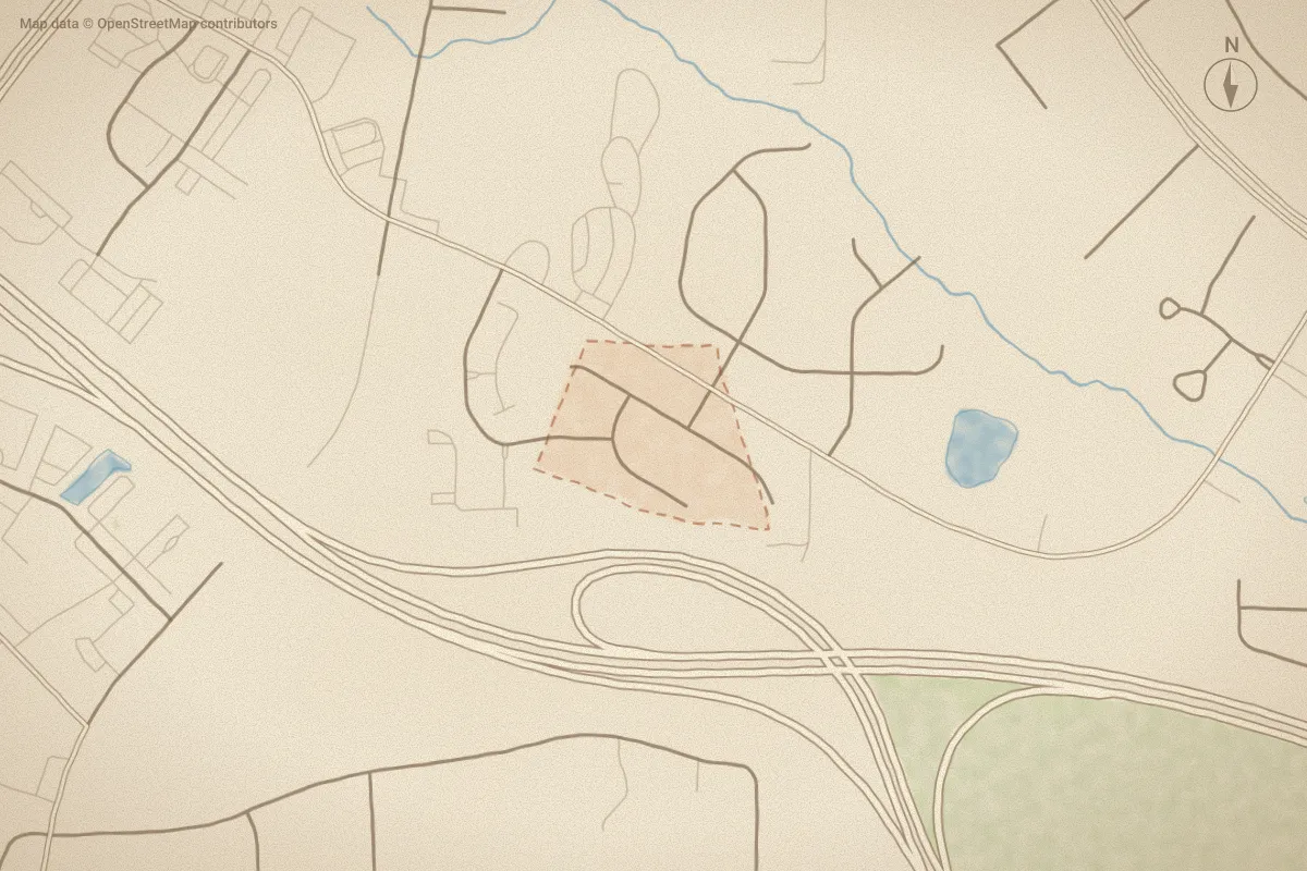 Watercolor map of Edinburg in Rocky Mount, NC, showing its streets, water and surroundings