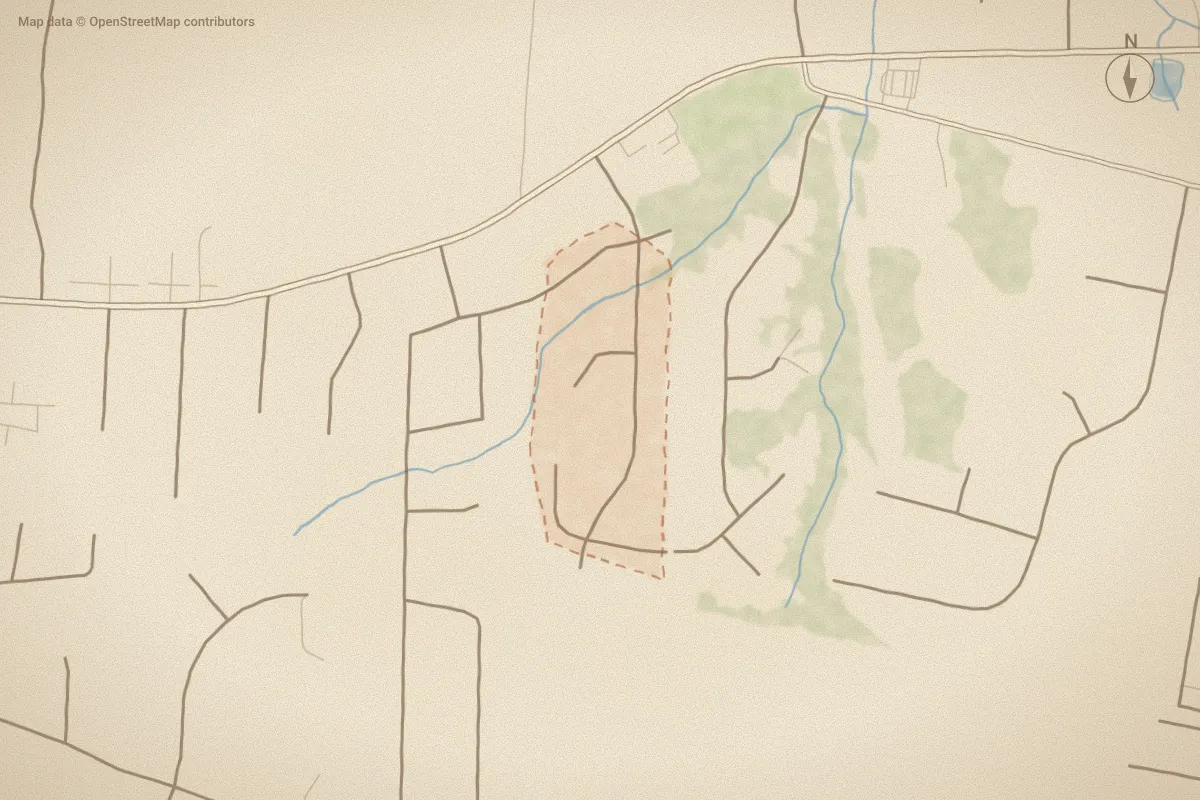 Watercolor map of Edwards Acres in Greenville, NC, showing its streets, water and surroundings