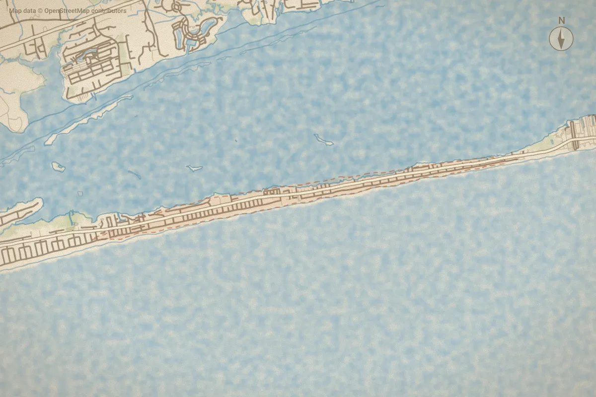 Watercolor map of Emerald Isle By The Sea in Emerald Isle, NC, showing its streets, water and surroundings
