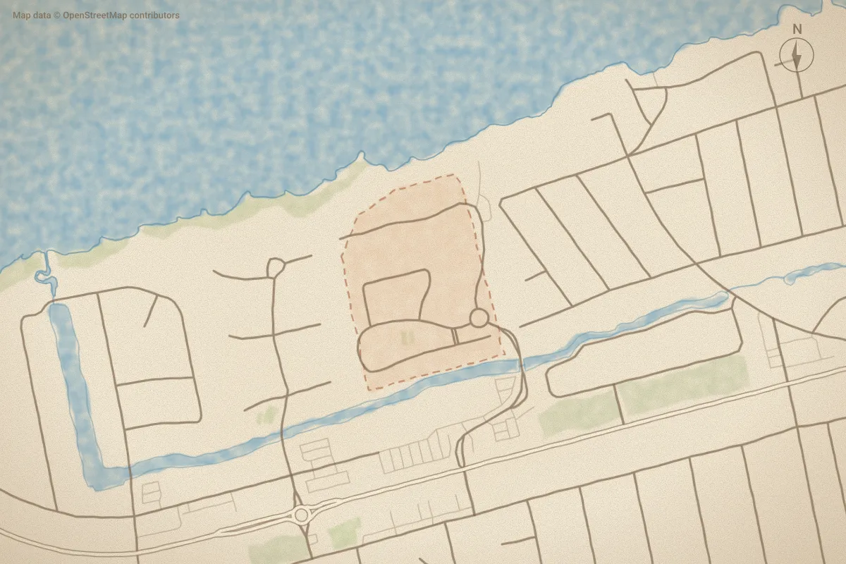 Watercolor map of Emerald Plantation in Emerald Isle, NC, showing its streets, water and surroundings