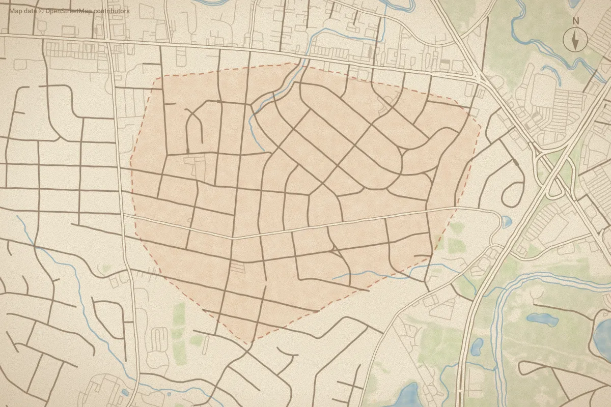 Watercolor map of Englewood in Rocky Mount, NC, showing its streets, water and surroundings