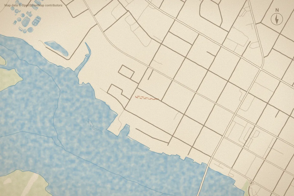 Watercolor map of Eureka Square in Washington, NC, showing its streets, water and surroundings