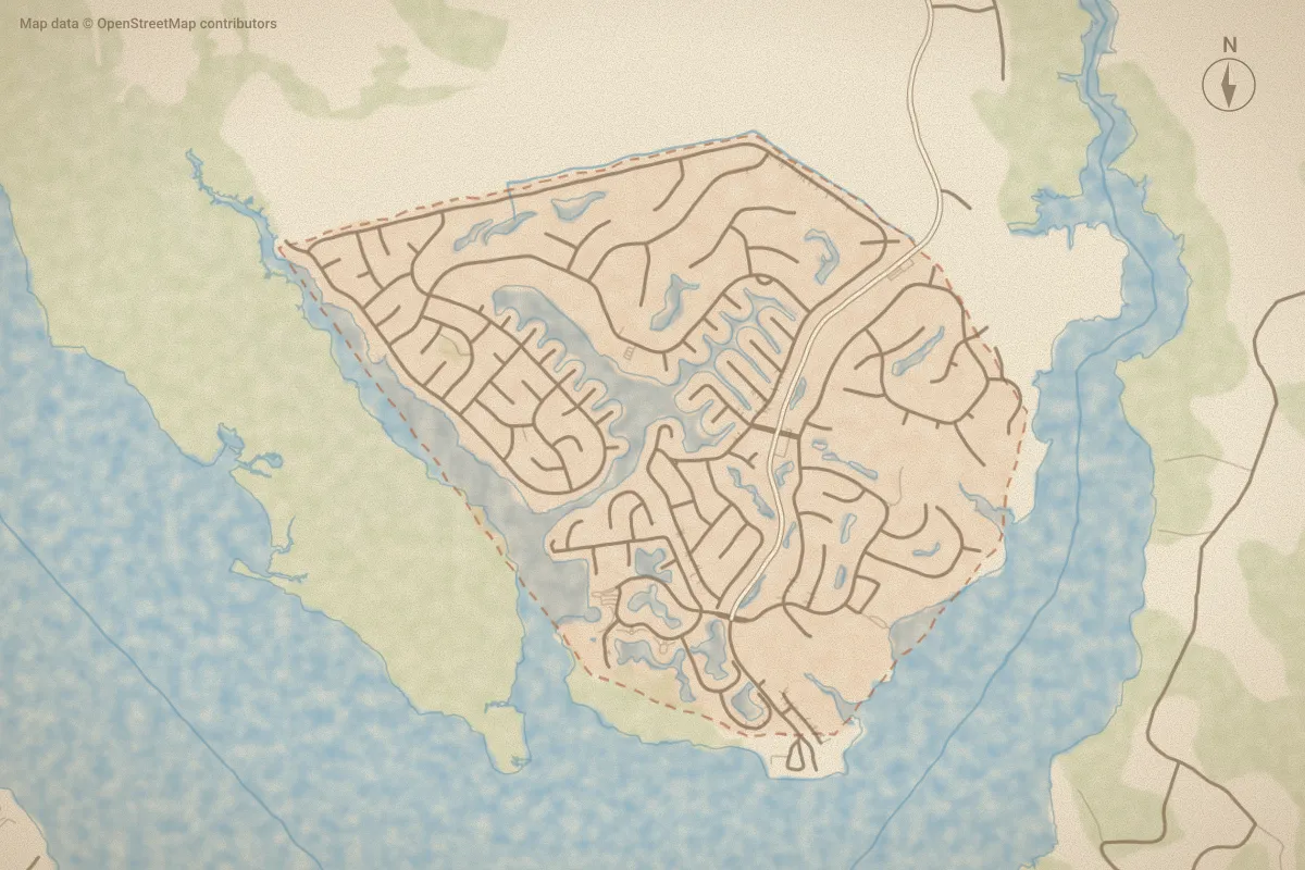 Watercolor map of Fairfield Harbour in New Bern, NC, showing its streets, water and surroundings