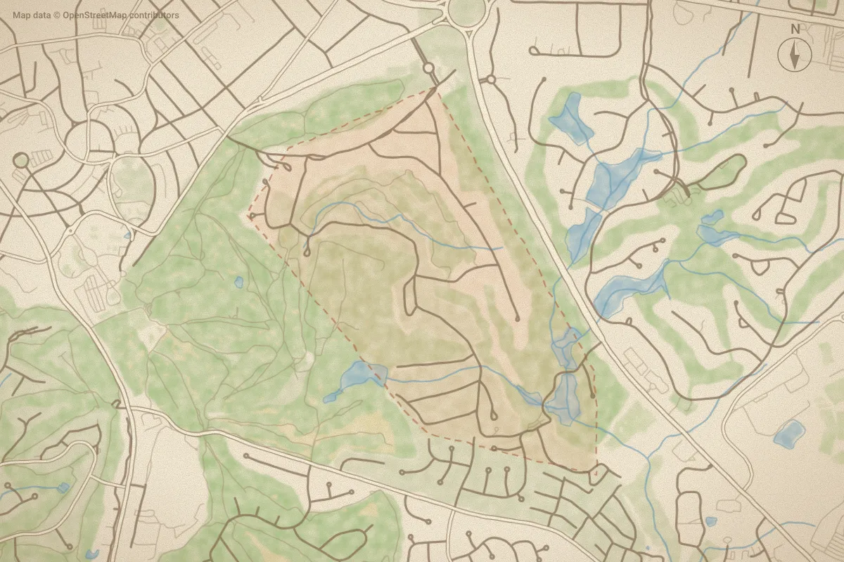 Watercolor map of Fairwoods on 7 in Pinehurst, NC, showing its streets, water and surroundings