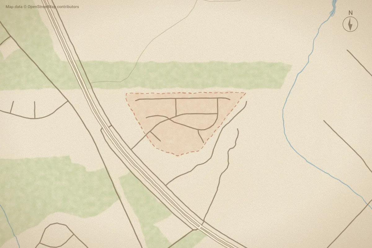 Watercolor map of Falcon Bridge in New Bern, NC, showing its streets, water and surroundings