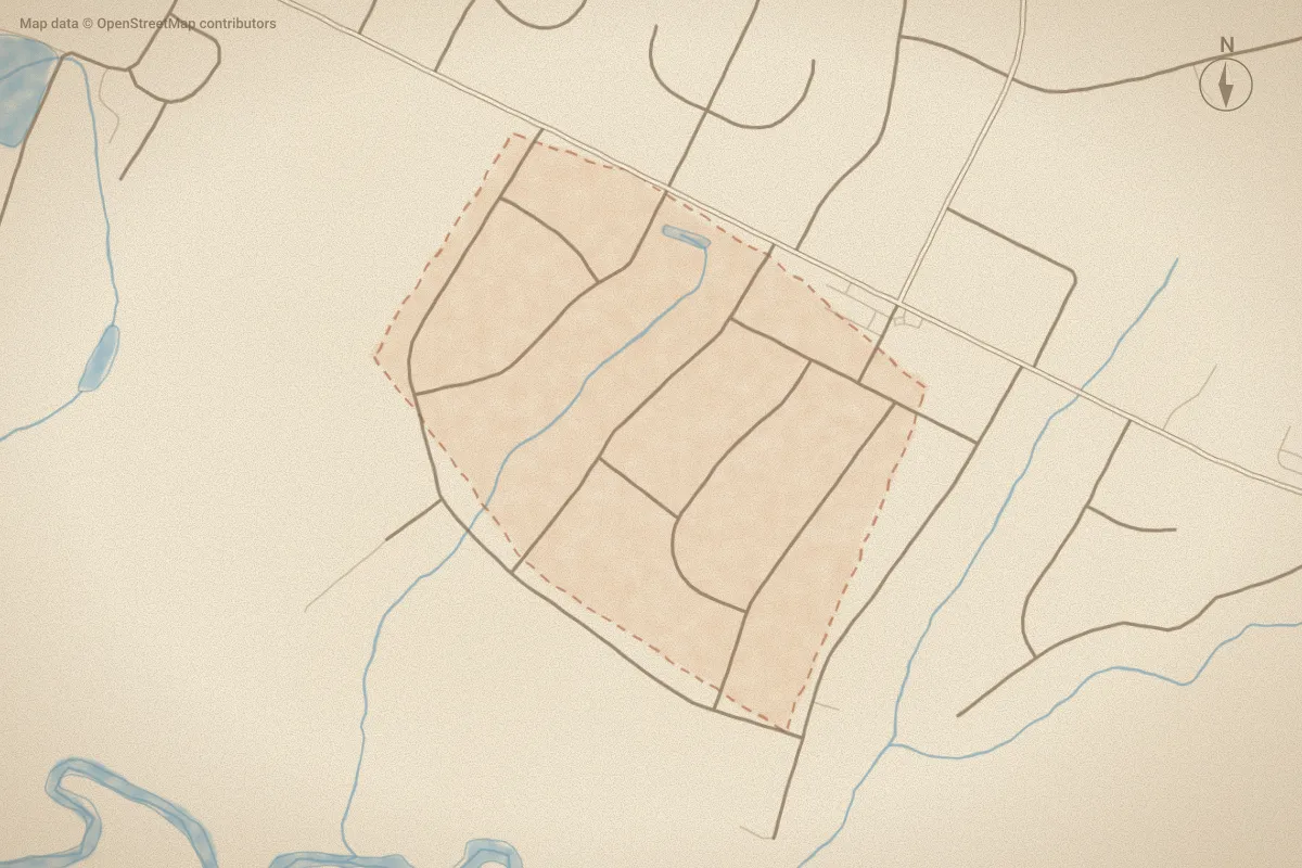Watercolor map of Fallingbrook Est in Goldsboro, NC, showing its streets, water and surroundings