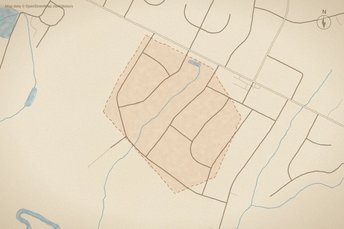 Watercolor map of Fallingbrook Estates in Goldsboro, NC, showing its streets, water and surroundings
