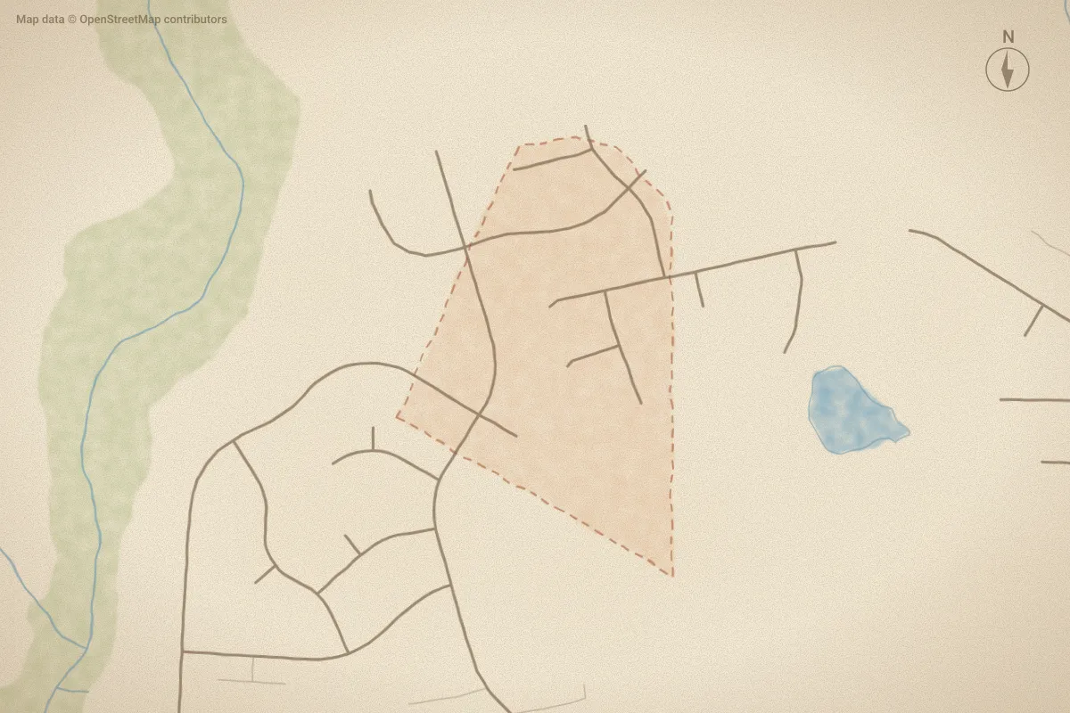 Watercolor map of Farrier's Ridge in Wilson, NC, showing its streets, water and surroundings