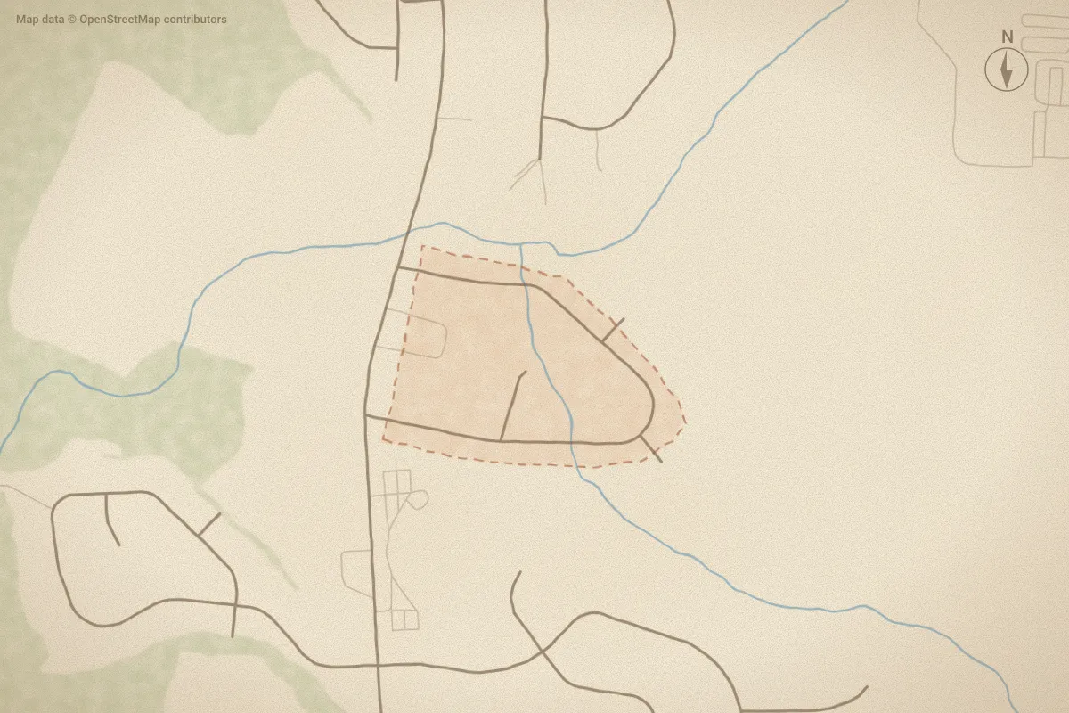 Watercolor map of Farrington in Winterville, NC, showing its streets, water and surroundings
