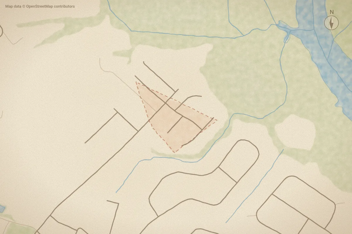 Watercolor map of Ferry Pointe in Elizabeth City, NC, showing its streets, water and surroundings
