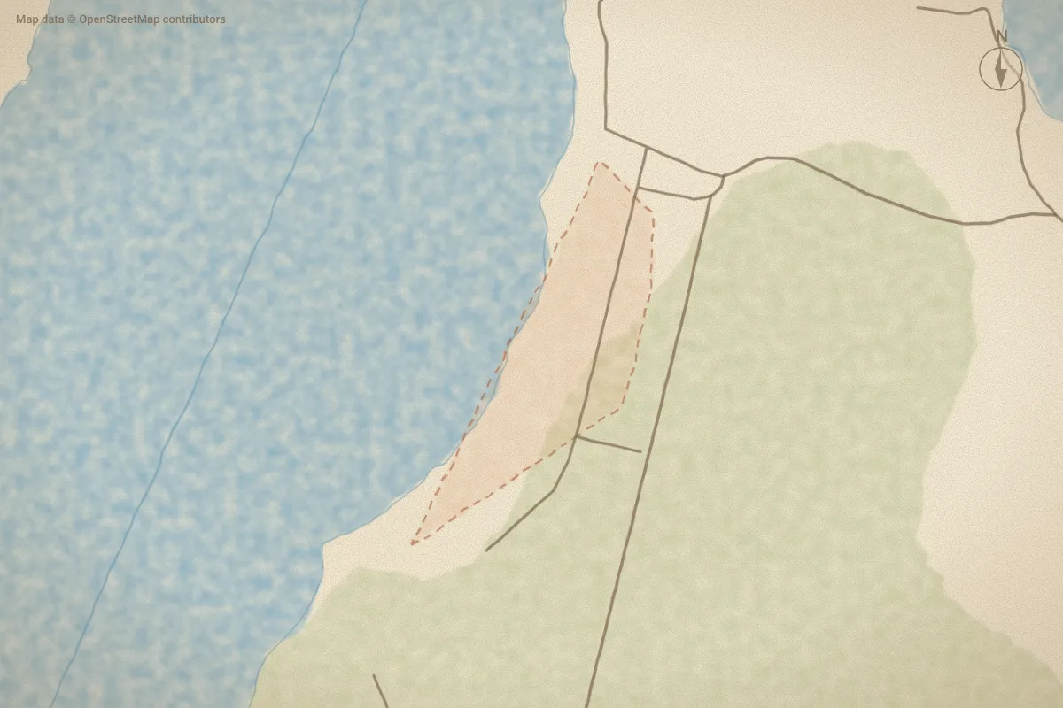 Watercolor map of Fisher Point in Beaufort, NC, showing its streets, water and surroundings