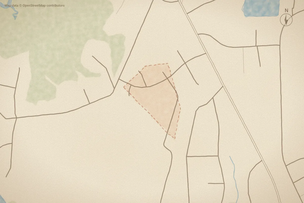 Watercolor map of Five Aprils Plantation in Swansboro, NC, showing its streets, water and surroundings