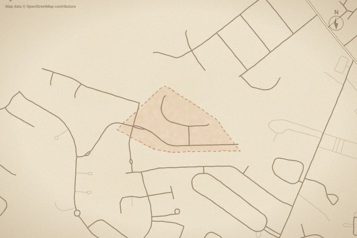 Watercolor map of Flamingo Oaks in New Bern, NC, showing its streets, water and surroundings