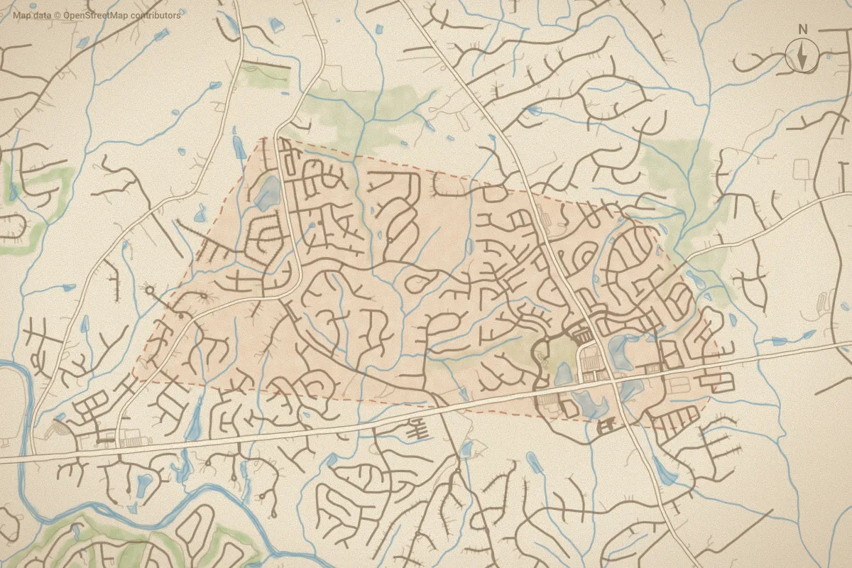 Watercolor map of Flowers Plantation in Clayton, NC, showing its streets, water and surroundings
