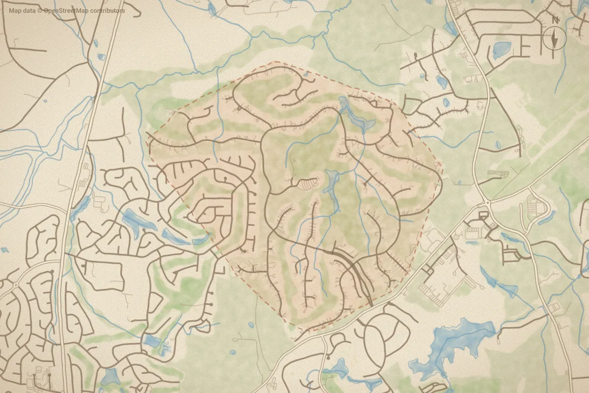 Watercolor map of Forest Creek in Pinehurst, NC, showing its streets, water and surroundings