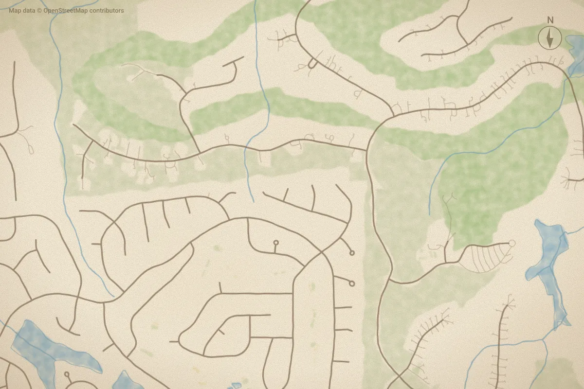 Watercolor map of Forest Creek in Southern Pines, NC, showing its streets, water and surroundings
