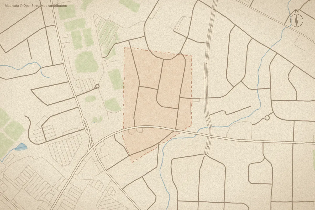 Watercolor map of Forest Hill in Greenville, NC, showing its streets, water and surroundings