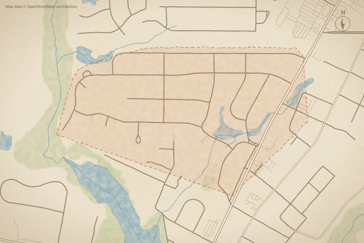 Watercolor map of Forest Hills in Aberdeen, NC, showing its streets, water and surroundings