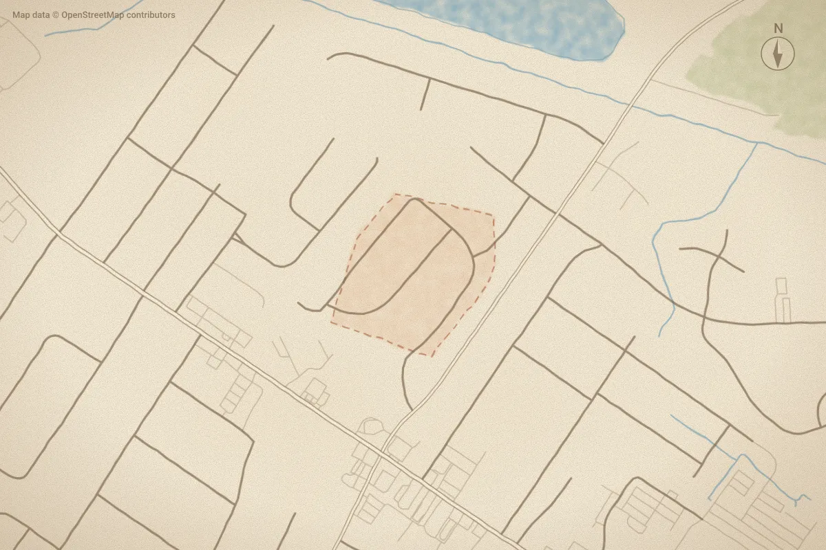 Watercolor map of Forest Hills in New Bern, NC, showing its streets, water and surroundings